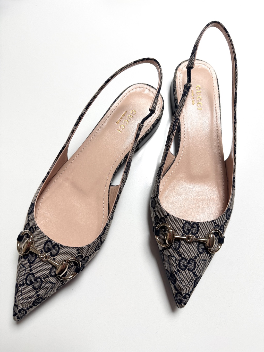 Gucci Monogram Horsebit Slingback Ballet Flats, Beige/ Blue